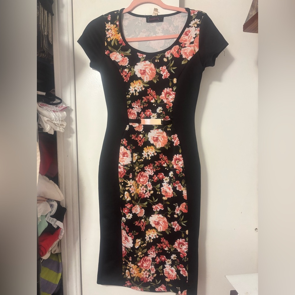 Floral Black Sheath Dress with Pink Rose Print